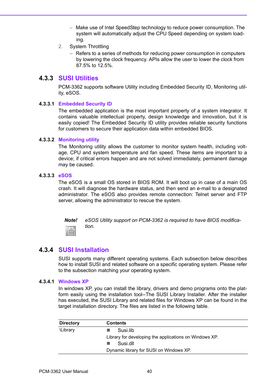 3 susi utilities, 1 embedded security id, 2 monitoring utility | 3 esos, 4 susi installation, 1 windows xp, Susi utilities, Susi installation | Advantech PCM-3362 User Manual | Page 48 / 88