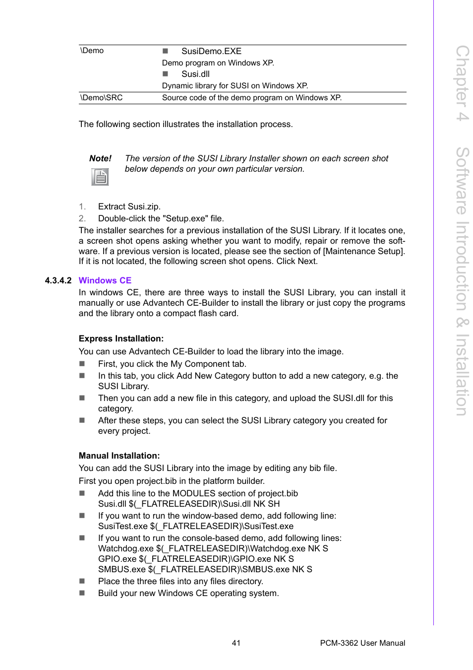 2 windows ce, Chapter 4 s oftware introduction & installation | Advantech PCM-3362 User Manual | Page 49 / 88