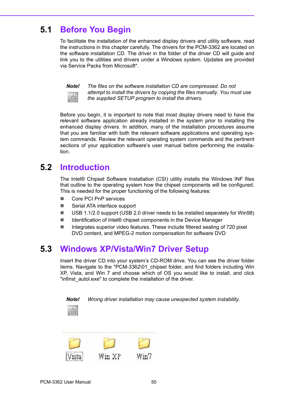 1 before you begin, 2 introduction, 3 windows xp/vista/win7 driver setup | Before you begin, Introduction, Windows xp/vista/win7 driver setup | Advantech PCM-3362 User Manual | Page 58 / 88