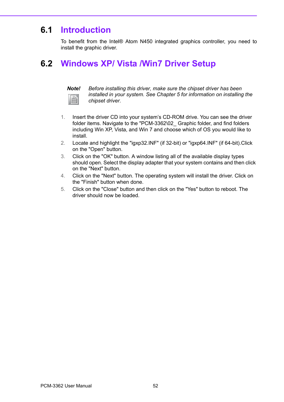 1 introduction, 2 windows xp/ vista /win7 driver setup, Introduction | Windows xp/ vista /win7 driver setup | Advantech PCM-3362 User Manual | Page 60 / 88