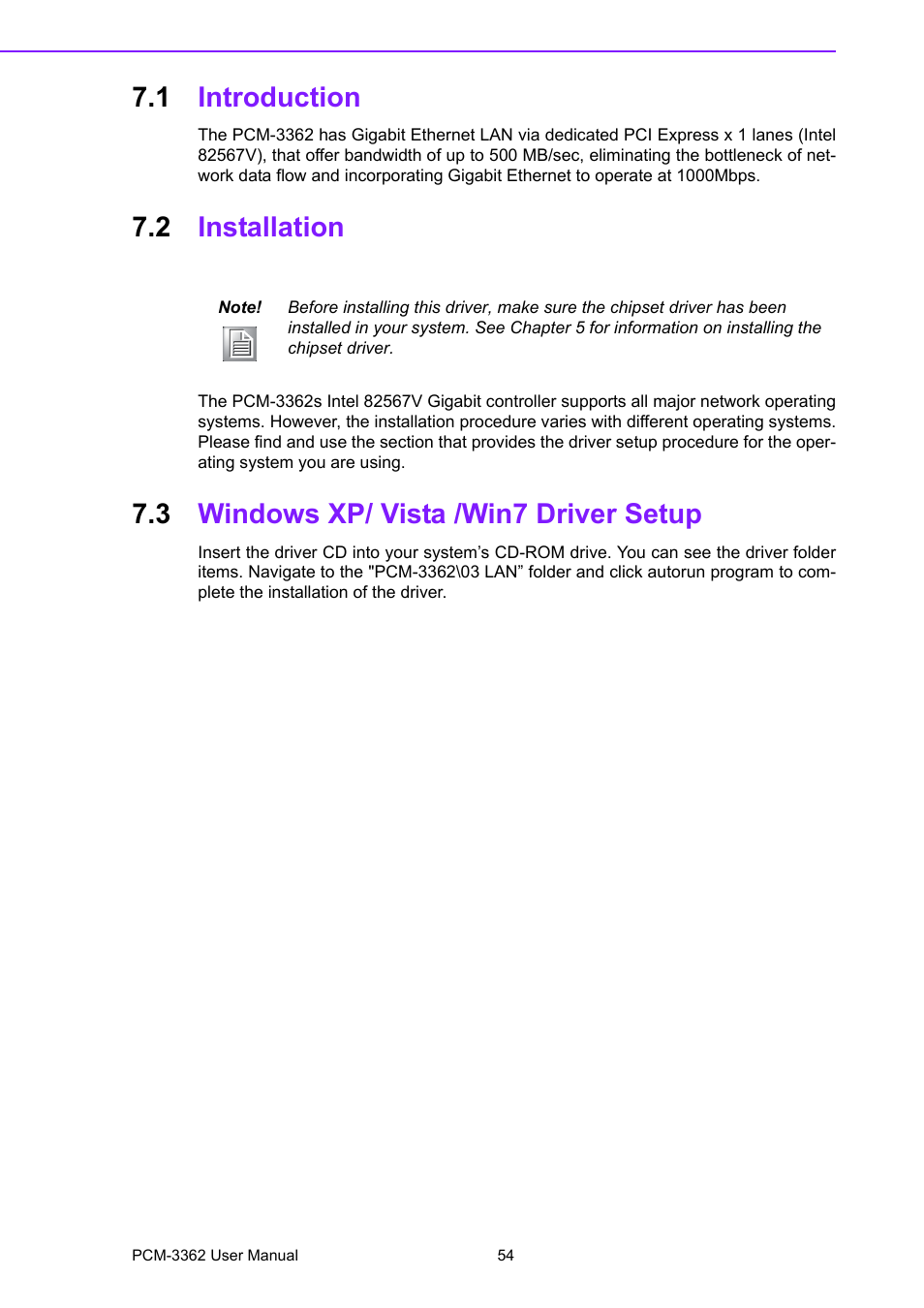 1 introduction, 2 installation, 3 windows xp/ vista /win7 driver setup | Introduction, Installation, Windows xp/ vista /win7 driver setup | Advantech PCM-3362 User Manual | Page 62 / 88