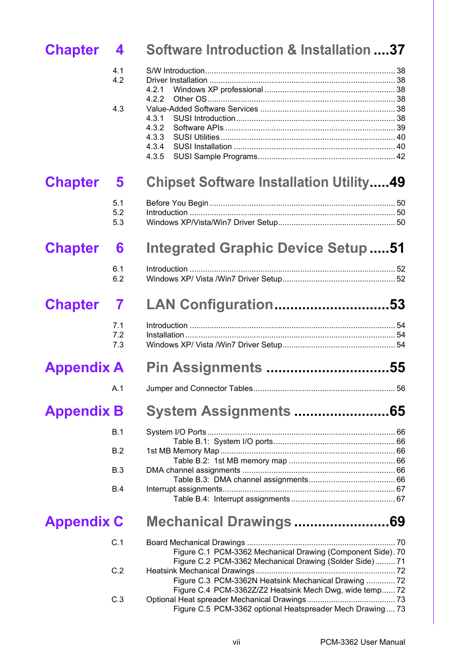 Chapter 4 software introduction & installation, Chapter 5 chipset software installation utility, Chapter 6 integrated graphic device setup | Chapter 7 lan configuration, Appendix a pin assignments, Appendix b system assignments, Appendix c mechanical drawings | Advantech PCM-3362 User Manual | Page 7 / 88