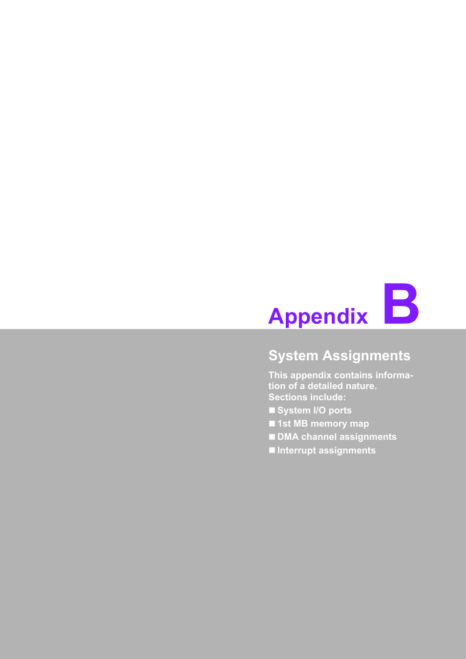 B system assignments, Appendix b, Appendix | Advantech PCM-3362 User Manual | Page 73 / 88