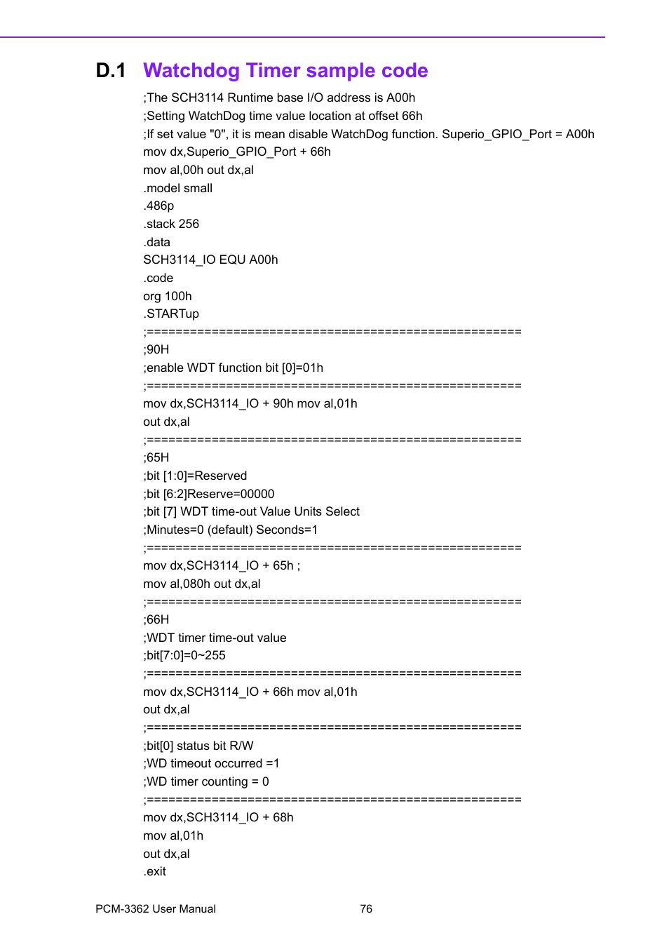 D.1 watchdog timer sample code, Watchdog timer sample code | Advantech PCM-3362 User Manual | Page 84 / 88