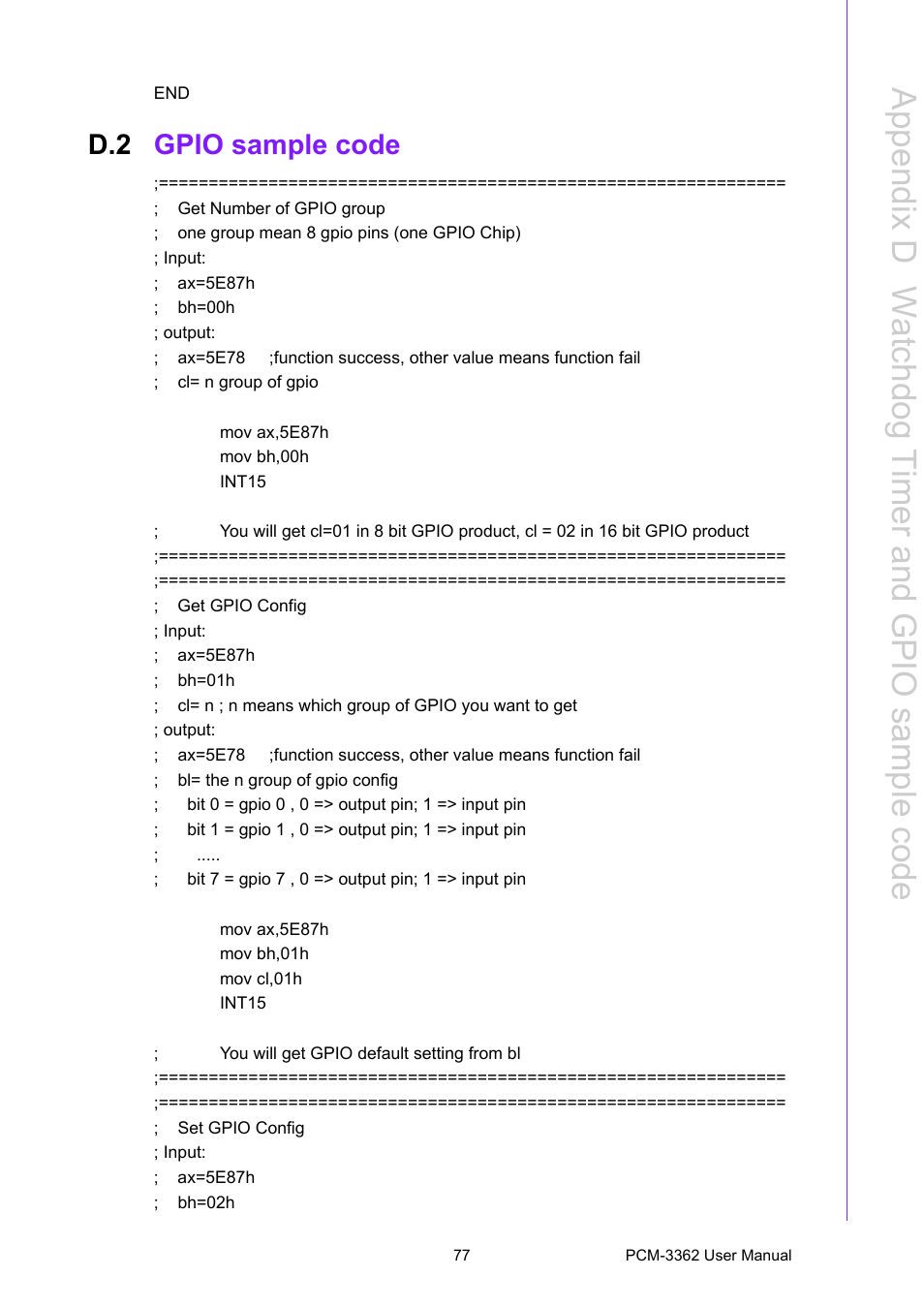 D.2 gpio sample code, Gpio sample code, Appendix d w atchdog timer and gpio sample code | Advantech PCM-3362 User Manual | Page 85 / 88