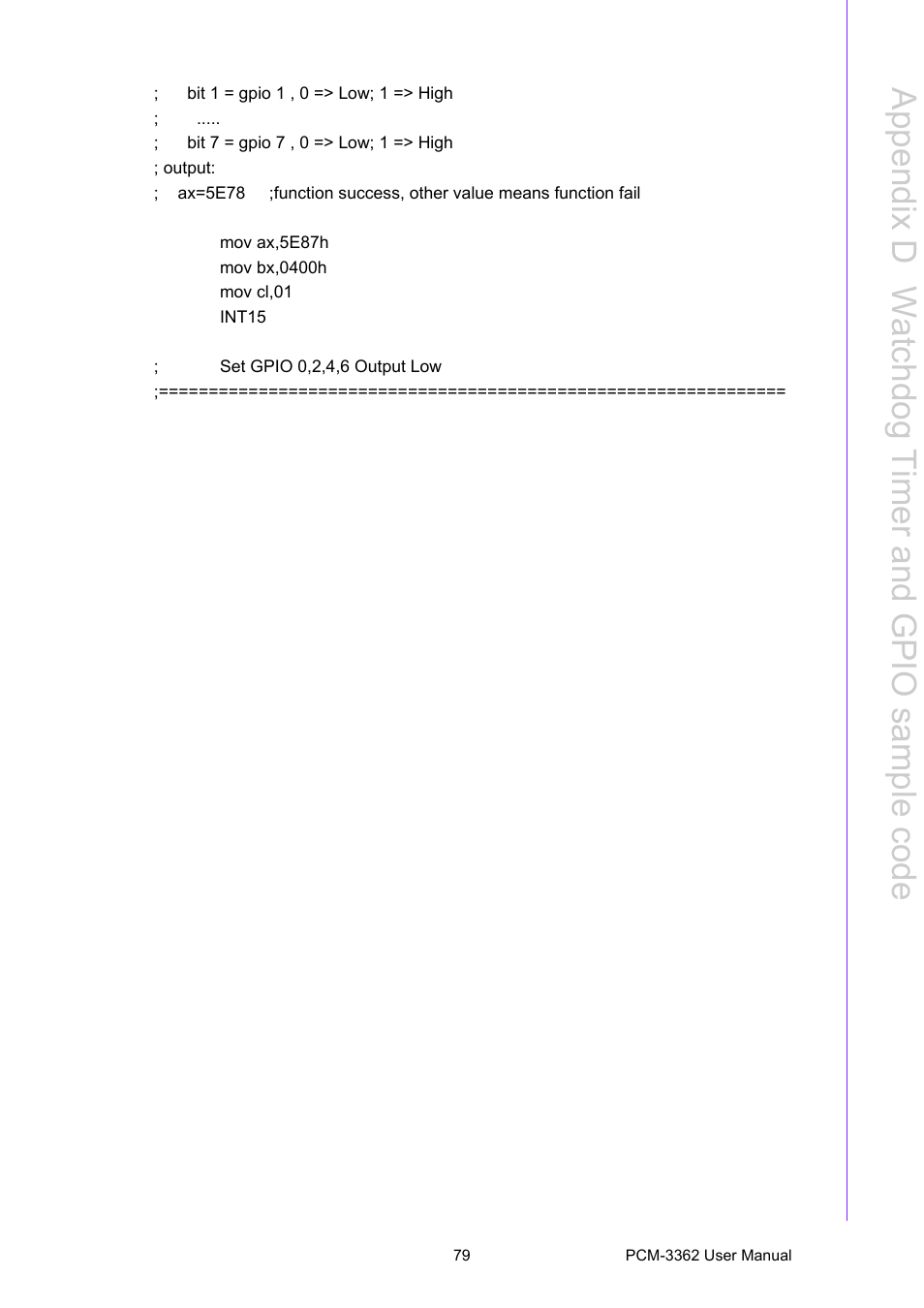 Appendix d w atchdog timer and gpio sample code | Advantech PCM-3362 User Manual | Page 87 / 88