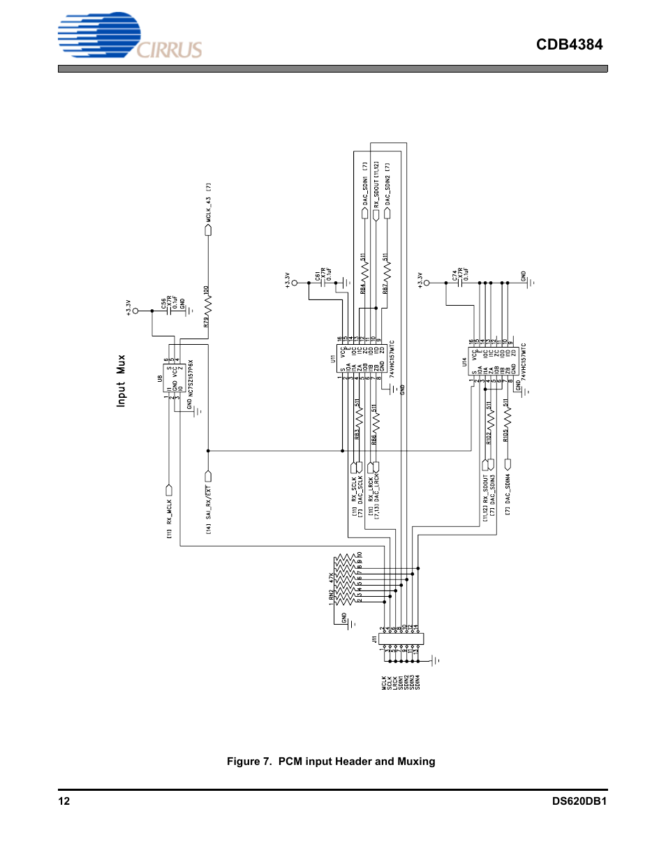 Figure 7. pcm input header and muxing, 7 on, Cdb4384 | Cirrus Logic CDB4384 User Manual | Page 12 / 19