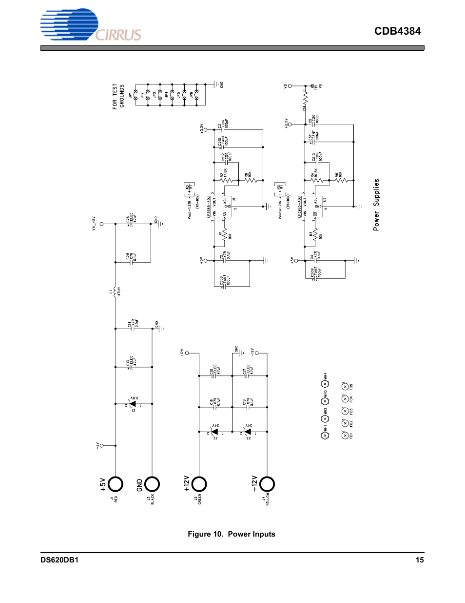 Figure 10. power inputs, 0 on pag, Cdb4384 | Cirrus Logic CDB4384 User Manual | Page 15 / 19
