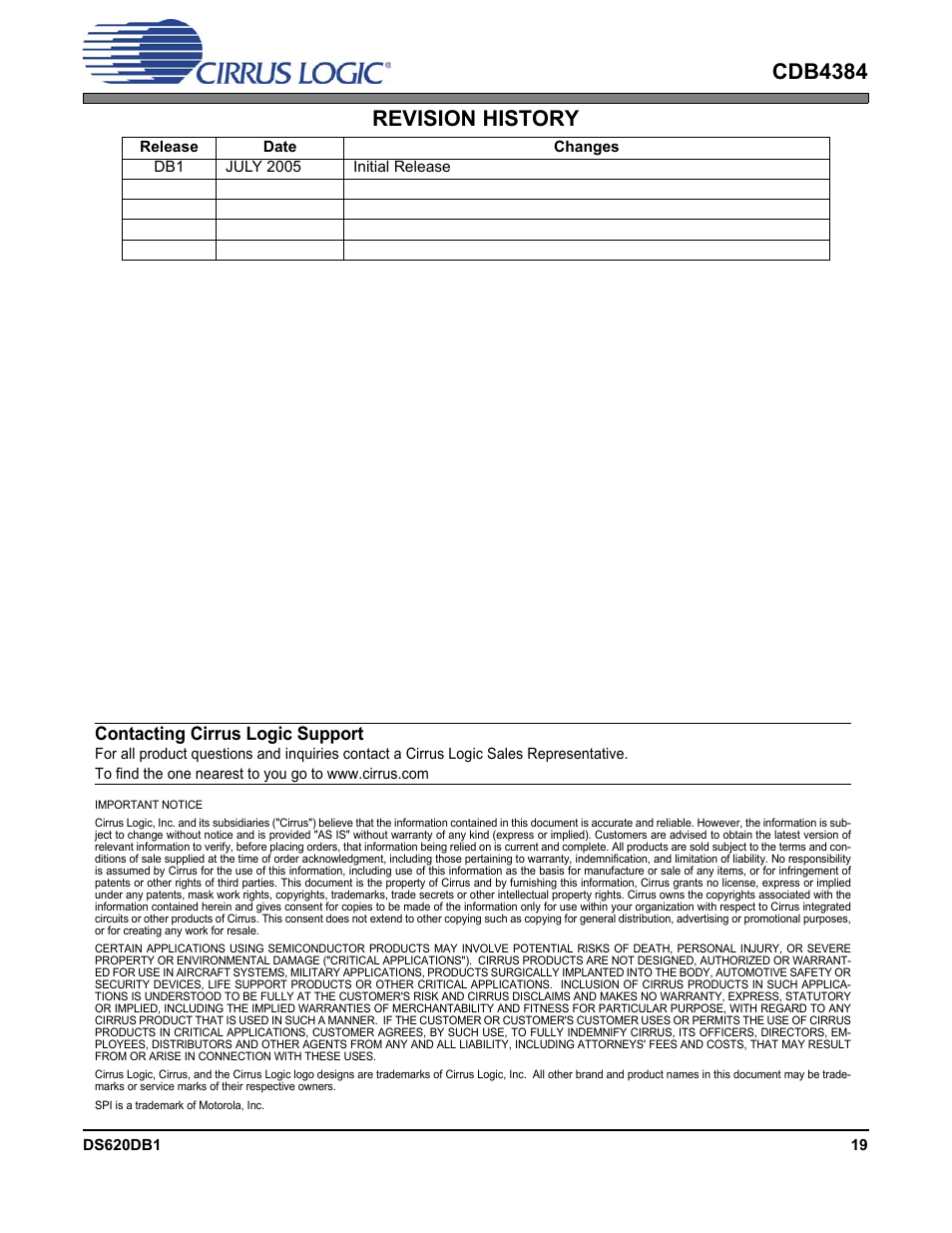 Cdb4384 revision history, Contacting cirrus logic support | Cirrus Logic CDB4384 User Manual | Page 19 / 19