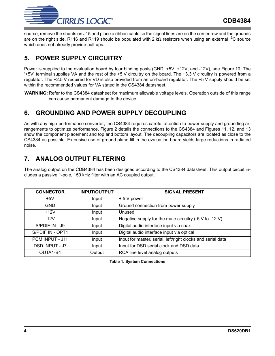  power supply circuitry,  grounding and power supply decoupling,  analog output filtering | Power supply circuitry, Grounding and power supply decoupling, Analog output filtering, Cdb4384 | Cirrus Logic CDB4384 User Manual | Page 4 / 19