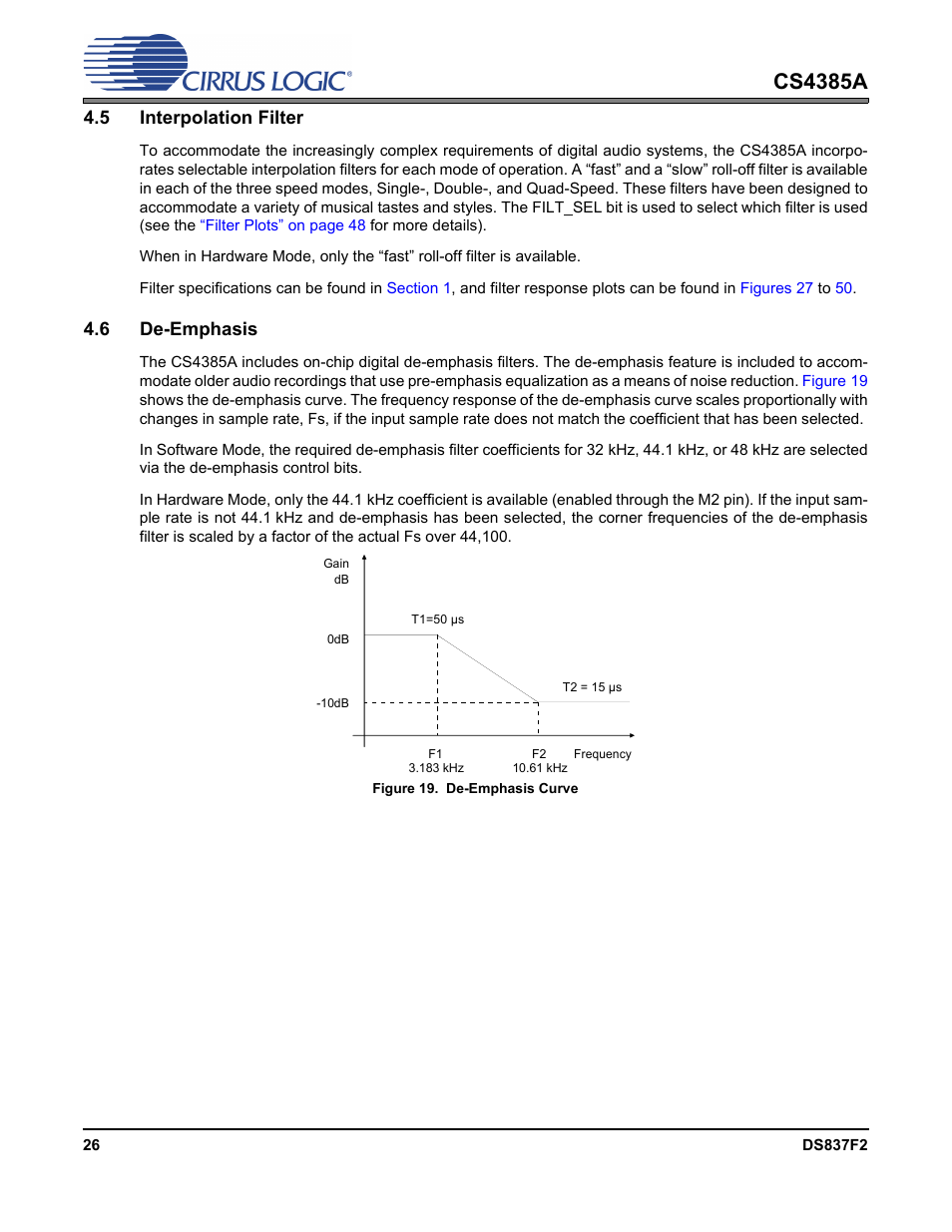 5 interpolation filter, 6 de-emphasis, Figure 19. de-emphasis curve | 5 interpolation filter 4.6 de-emphasis, Figure 19.de-emphasis curve, Figure 19, Cs4385a | Cirrus Logic CS4385A User Manual | Page 26 / 55
