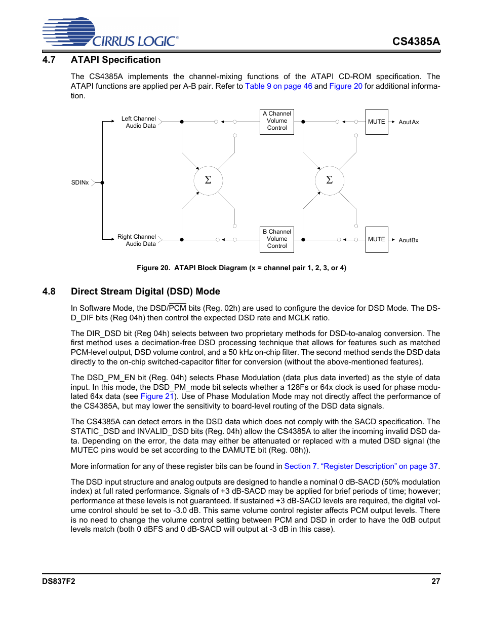 7 atapi specification, 8 direct stream digital (dsd) mode, Cs4385a | Cirrus Logic CS4385A User Manual | Page 27 / 55