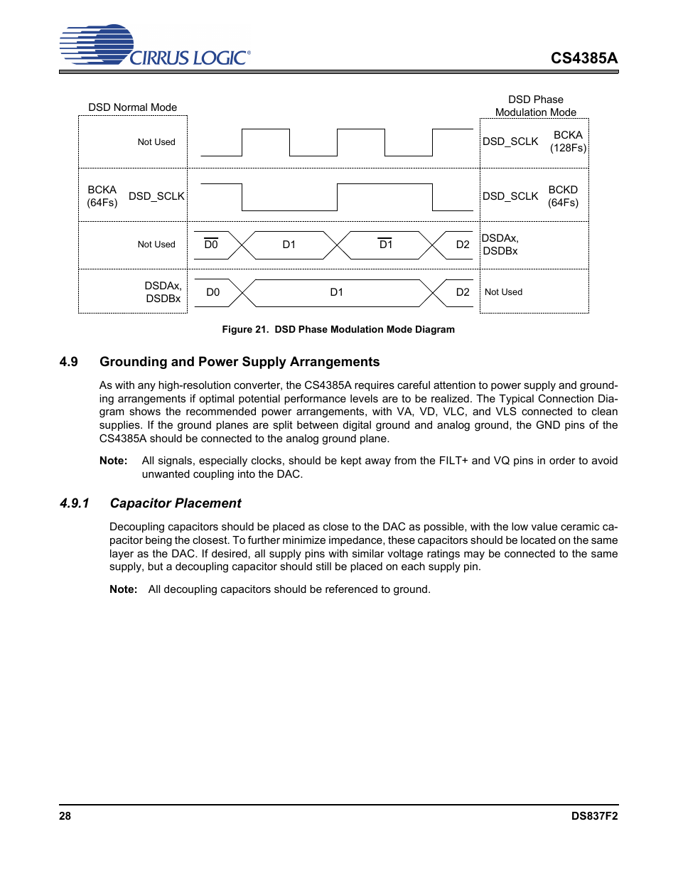 Figure 21. dsd phase modulation mode diagram, 9 grounding and power supply arrangements, 1 capacitor placement | Figure 21.dsd phase modulation mode diagram, Figure 21, Use o, Cs4385a | Cirrus Logic CS4385A User Manual | Page 28 / 55
