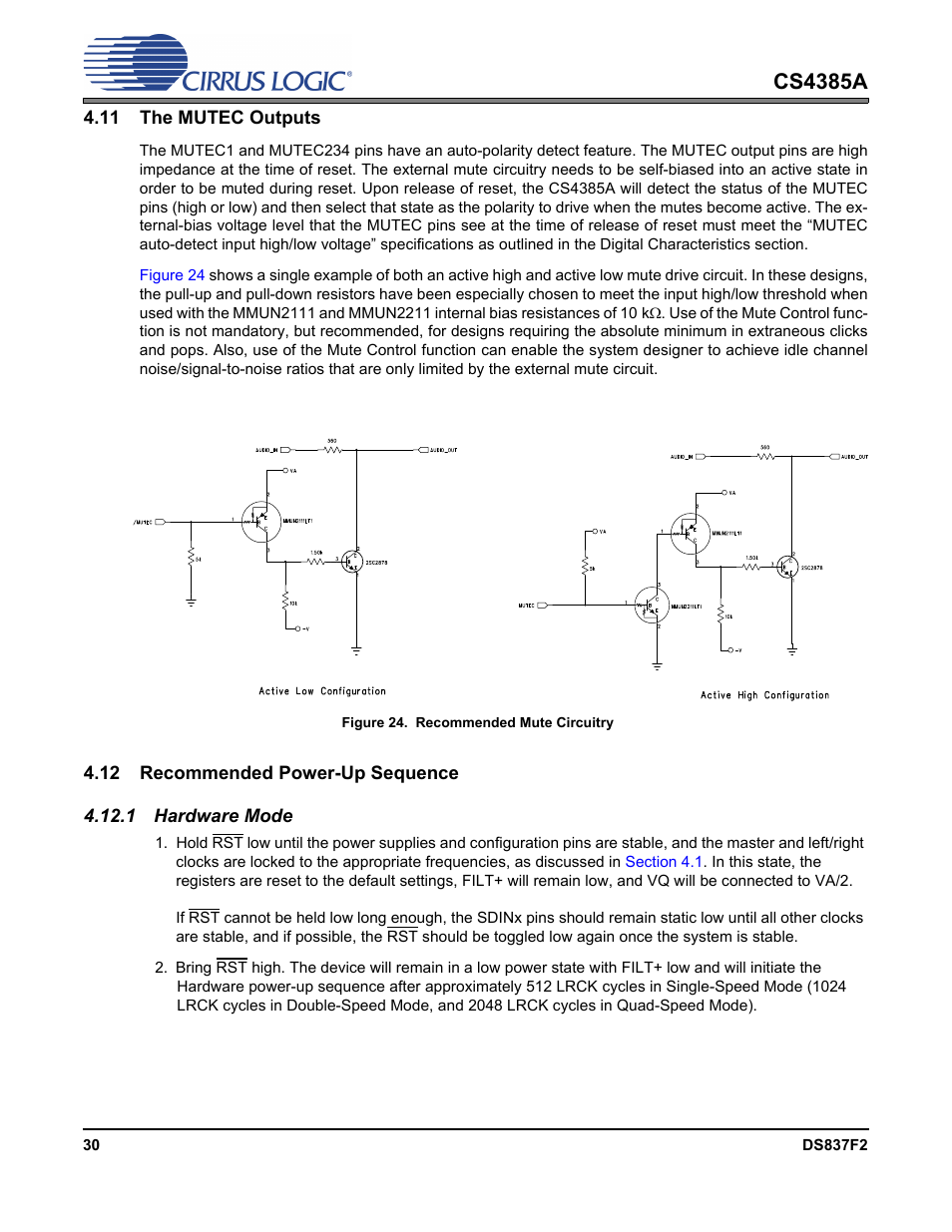 11 the mutec outputs, Figure 24. recommended mute circuitry, 12 recommended power-up sequence | 1 hardware mode, Figure 24.recommended mute circuitry, Cs4385a | Cirrus Logic CS4385A User Manual | Page 30 / 55