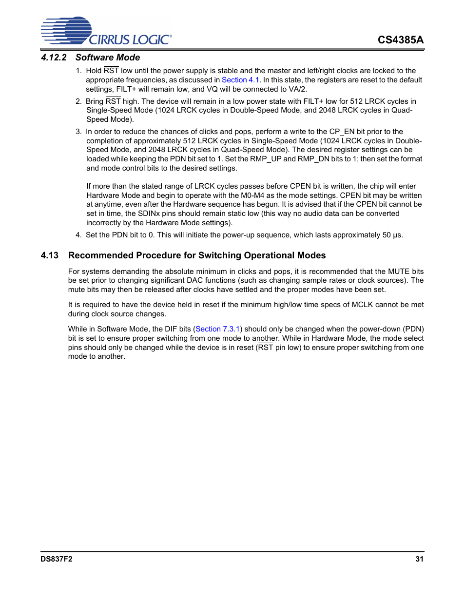 2 software mode, Cs4385a | Cirrus Logic CS4385A User Manual | Page 31 / 55