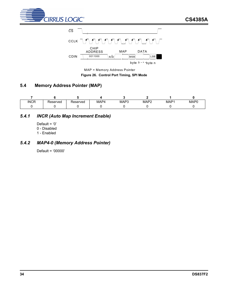 Figure 26. control port timing, spi mode, 4 memory address pointer (map), 1 incr (auto map increment enable) | 2 map4-0 (memory address pointer), Figure 26.control port timing, spi mode, Figure 26, Cs4385a | Cirrus Logic CS4385A User Manual | Page 34 / 55