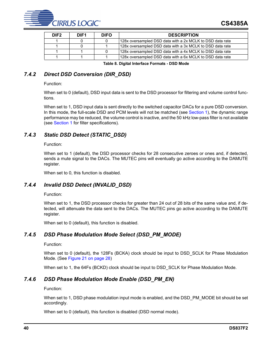 2 direct dsd conversion (dir_dsd), 3 static dsd detect (static_dsd), 4 invalid dsd detect (invalid_dsd) | 5 dsd phase modulation mode select (dsd_pm_mode), 6 dsd phase modulation mode enable (dsd_pm_en), Cs4385a | Cirrus Logic CS4385A User Manual | Page 40 / 55