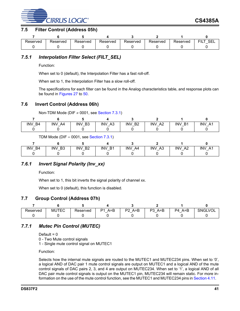 5 filter control (address 05h), 1 interpolation filter select (filt_sel), 6 invert control (address 06h) | 1 invert signal polarity (inv_xx), 7 group control (address 07h), 1 mutec pin control (mutec), Cs4385a | Cirrus Logic CS4385A User Manual | Page 41 / 55