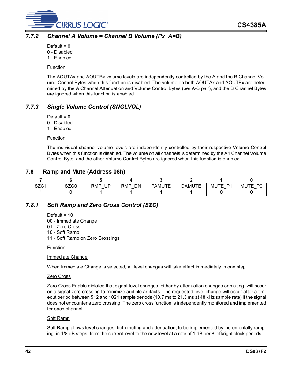 2 channel a volume = channel b volume (px_a=b), 3 single volume control (snglvol), 8 ramp and mute (address 08h) | 1 soft ramp and zero cross control (szc), Cs4385a | Cirrus Logic CS4385A User Manual | Page 42 / 55