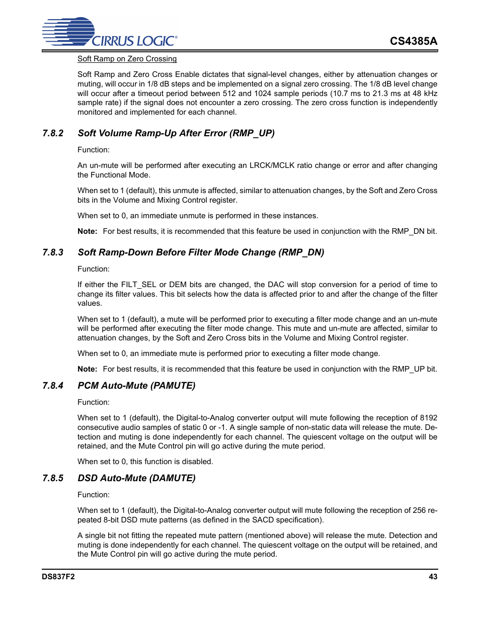 2 soft volume ramp-up after error (rmp_up), 4 pcm auto-mute (pamute), 5 dsd auto-mute (damute) | Cs4385a | Cirrus Logic CS4385A User Manual | Page 43 / 55