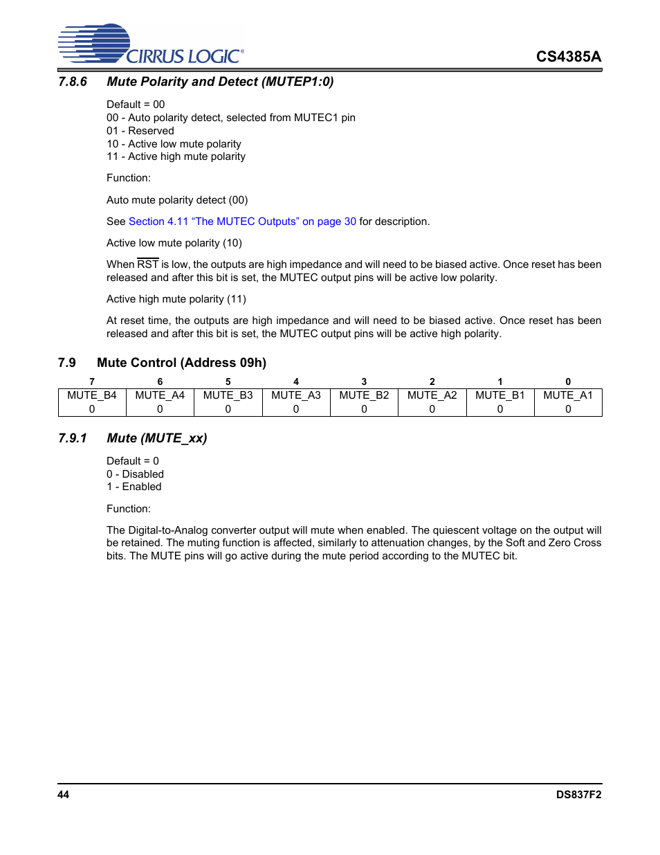 6 mute polarity and detect (mutep1:0), 9 mute control (address 09h), 1 mute (mute_xx) | Cs4385a | Cirrus Logic CS4385A User Manual | Page 44 / 55