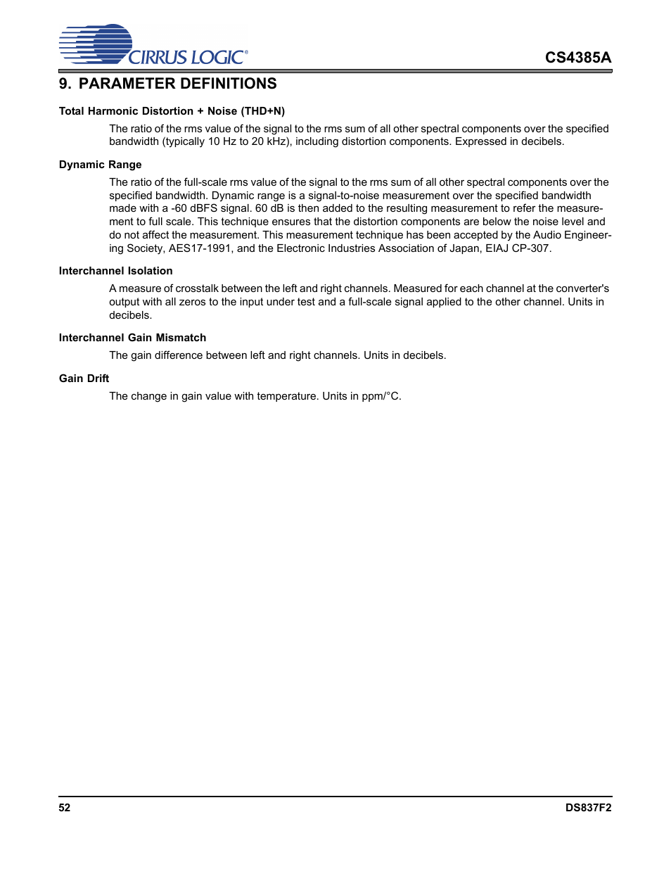 Parameter definitions | Cirrus Logic CS4385A User Manual | Page 52 / 55