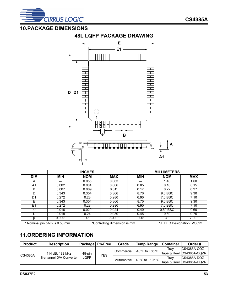 Package dimensions, Ordering information, Package dimensions 11. ordering information | 48l lqfp package drawing | Cirrus Logic CS4385A User Manual | Page 53 / 55