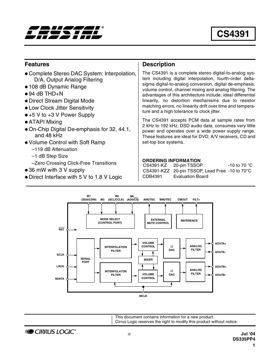 Cirrus Logic CS4391 User Manual | 38 pages