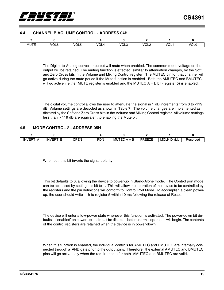4 channel b volume control - address 04h, 1 mute (bit 7), 2 volume control (bits 6:0) | 5 mode control 2 - address 05h, 1 invert signal polarity (bits 7:6), 2 control port enable (bit 5), 3 power down (bit 4), 4 amutec = bmutec (bit 3), 1 mute (bit 7) 4.4.2 volume control (bits 6:0), Cs4391 | Cirrus Logic CS4391 User Manual | Page 19 / 38