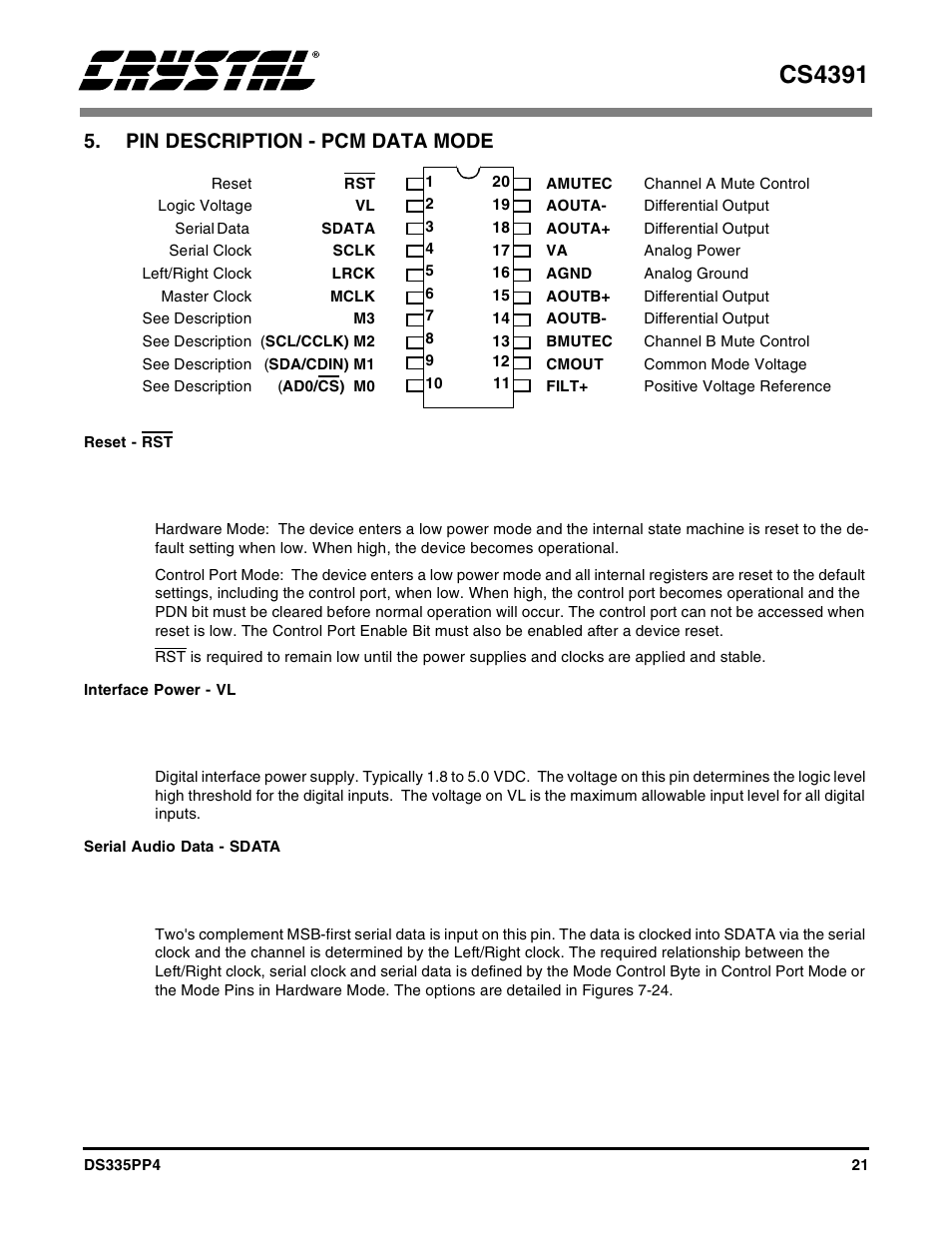 Pin description - pcm data mode, Reset - rst, Interface power - vl | Serial audio data - sdata, Cs4391 | Cirrus Logic CS4391 User Manual | Page 21 / 38