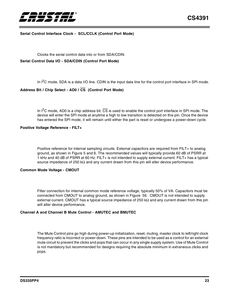 Positive voltage reference - filt, Common mode voltage - cmout, Cs4391 | Cirrus Logic CS4391 User Manual | Page 23 / 38