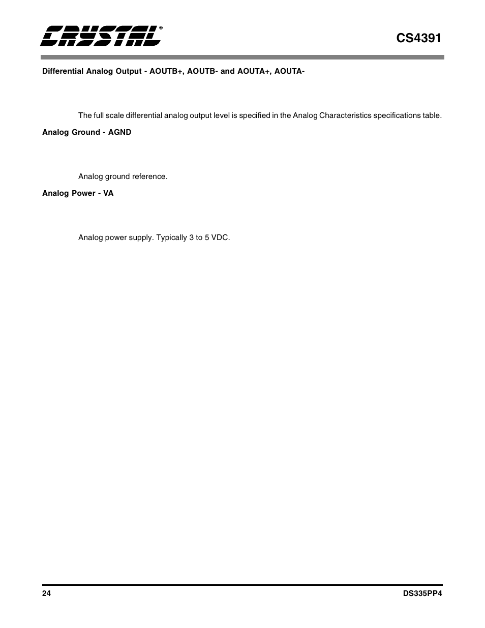 Analog ground - agnd, Analog power - va, Cs4391 | Cirrus Logic CS4391 User Manual | Page 24 / 38
