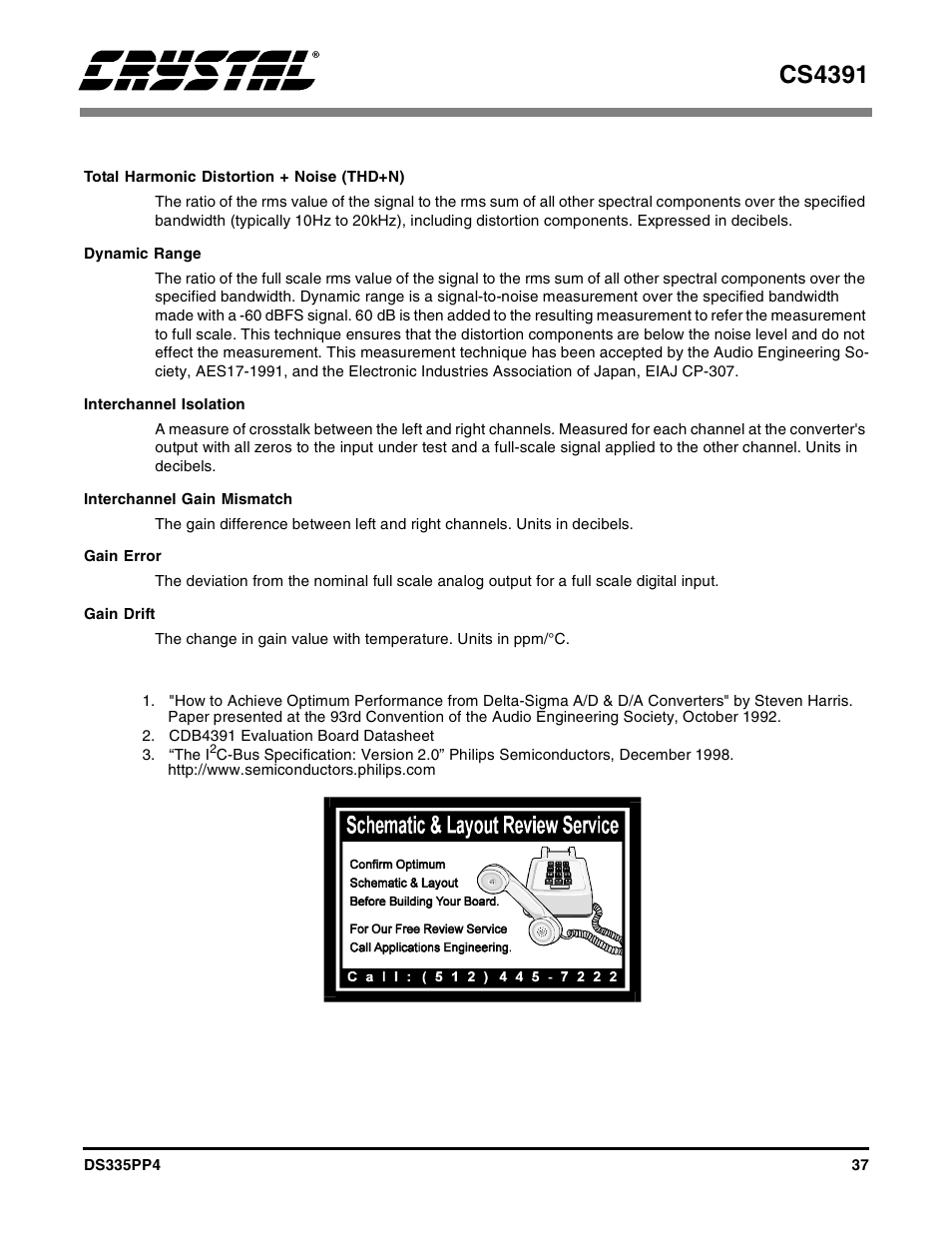 Parameter definitions, Total harmonic distortion + noise (thd+n), Dynamic range | Interchannel isolation, Interchannel gain mismatch, Gain error, Gain drift, References, Cs4391 | Cirrus Logic CS4391 User Manual | Page 37 / 38