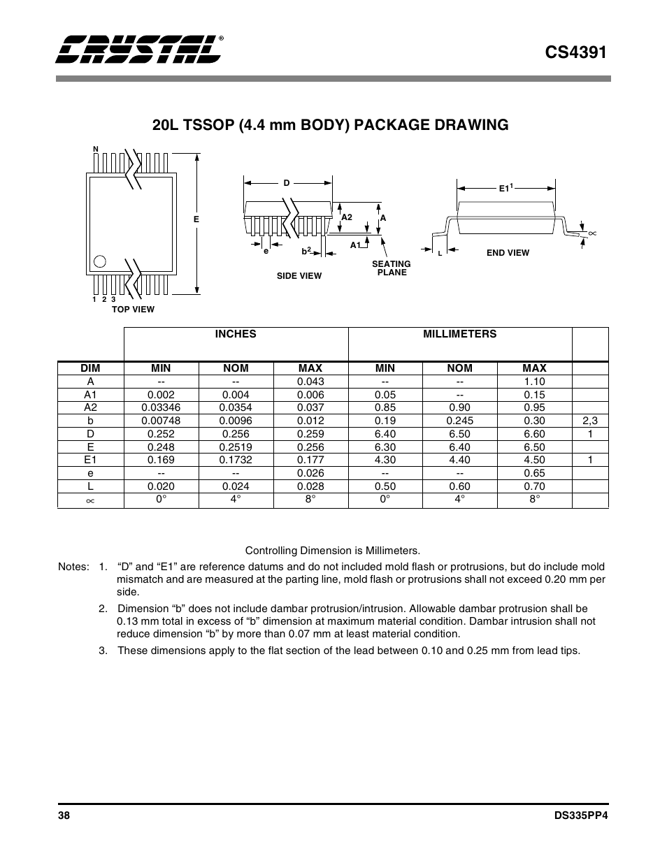 Package dimensions, Cs4391, 20l tssop (4.4 mm body) package drawing | Cirrus Logic CS4391 User Manual | Page 38 / 38