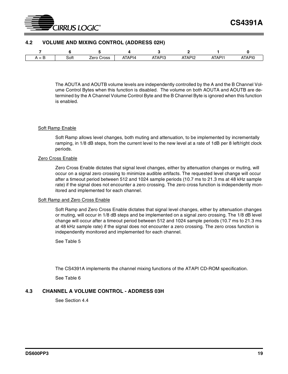 2 volume and mixing control (address 02h), 1 channel a volume = channel b volume (bit 7), 2 soft ramp or zero cross enable (bits 6:5) | 3 atapi channel mixing and muting (bits 4:0), 3 channel a volume control - address 03h, Cs4391a | Cirrus Logic CS4391A User Manual | Page 19 / 40