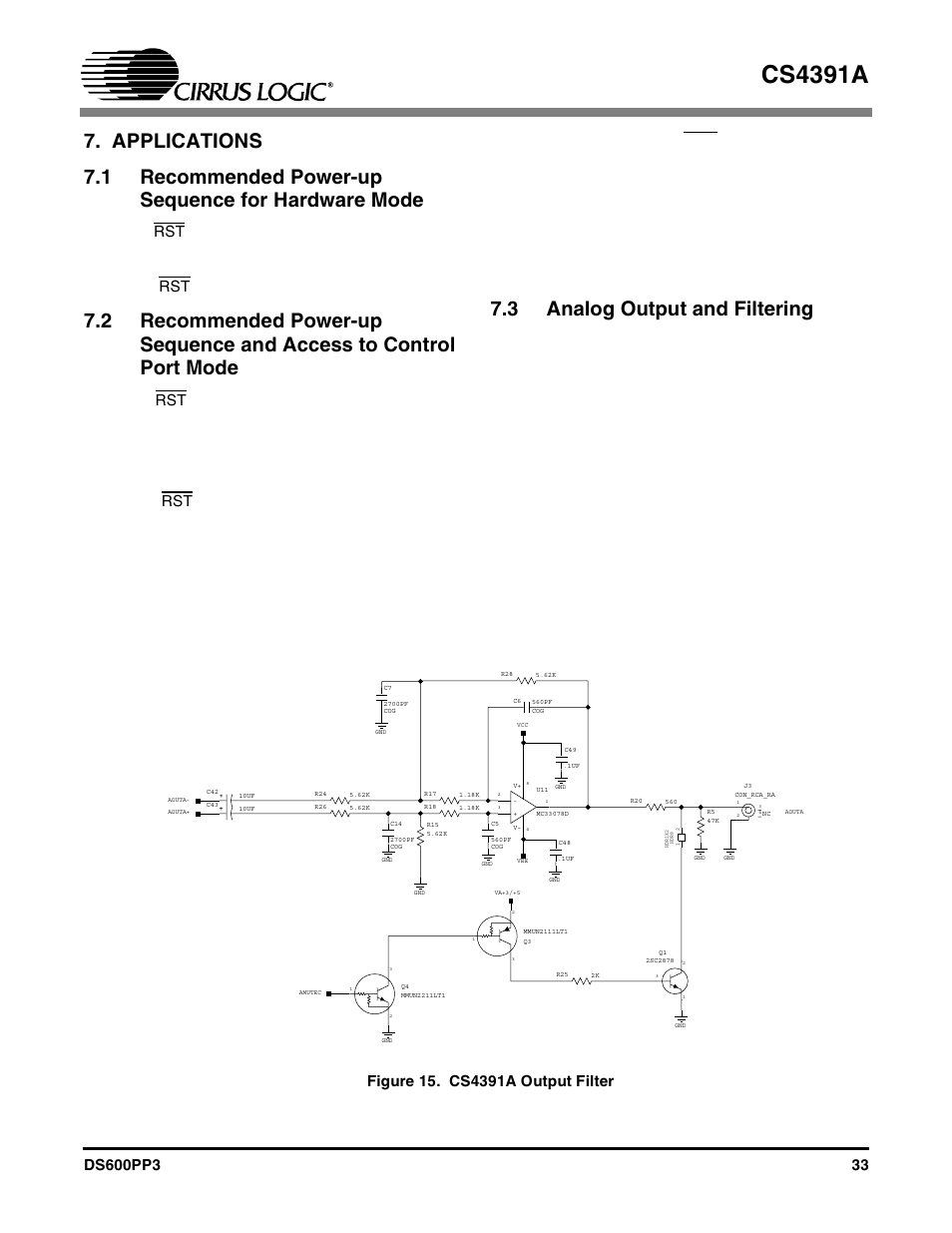 Applications, 1 recommended power-up sequence for hardware mode, 3 analog output and filtering | Figure 15. cs4391a output filter, Cs4391a, 1) hold, High | Cirrus Logic CS4391A User Manual | Page 33 / 40