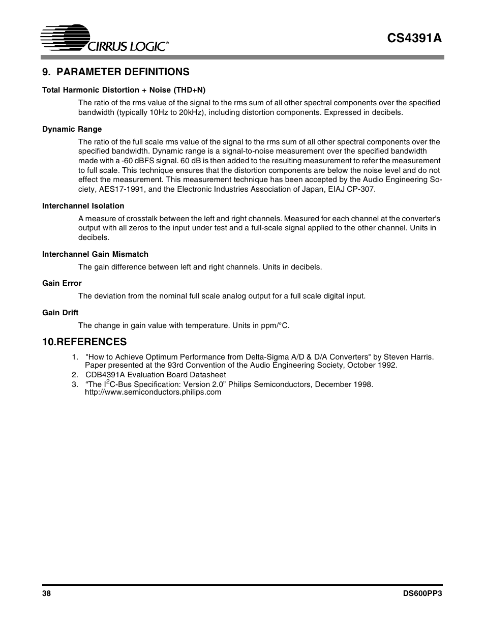 Parameter definitions, References, Cs4391a | Cirrus Logic CS4391A User Manual | Page 38 / 40