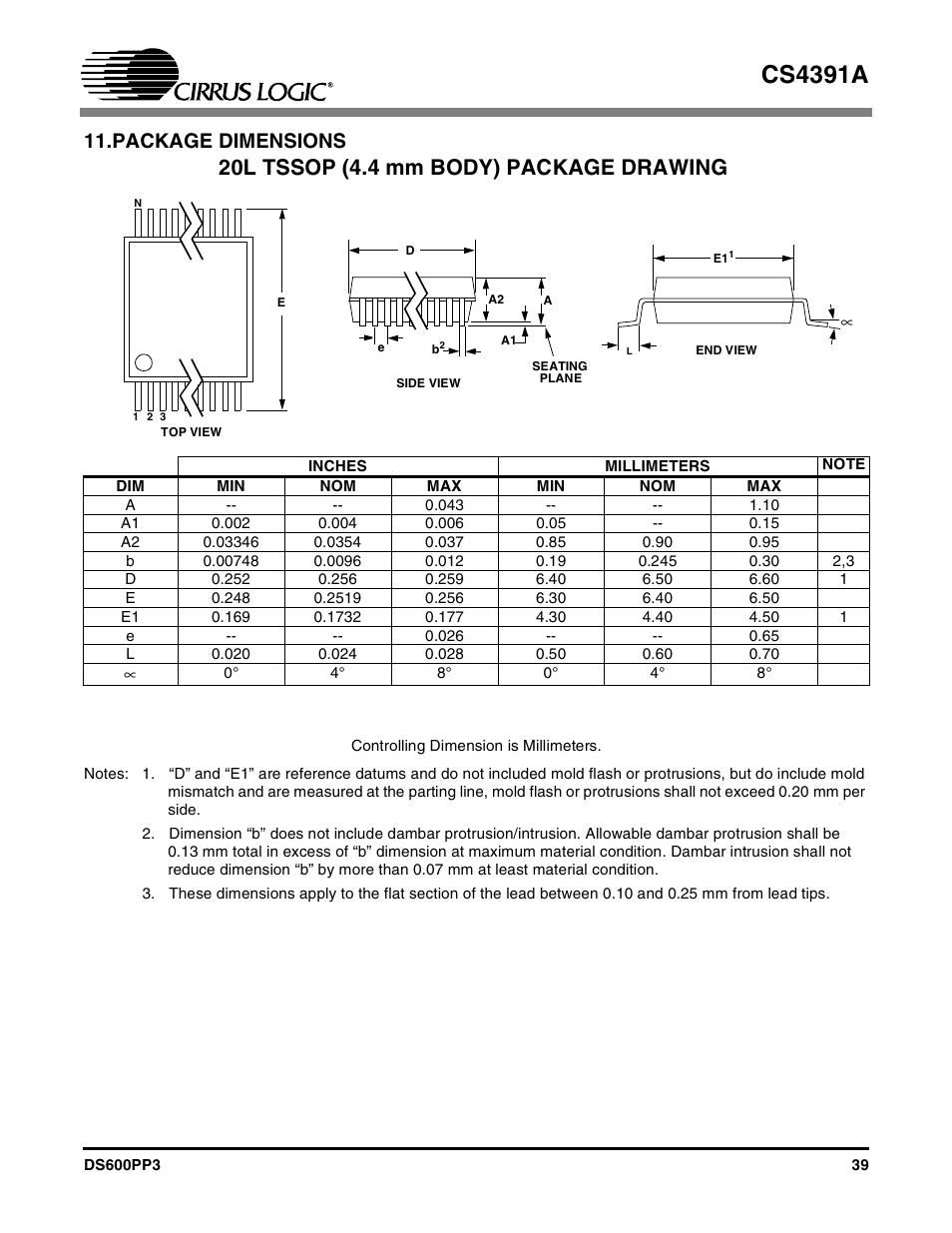 Package dimensions, Cs4391a, 20l tssop (4.4 mm body) package drawing | Cirrus Logic CS4391A User Manual | Page 39 / 40