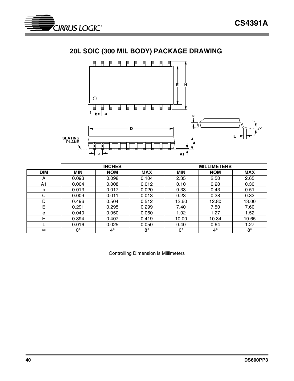 Cs4391a, Package dimensions | Cirrus Logic CS4391A User Manual | Page 40 / 40