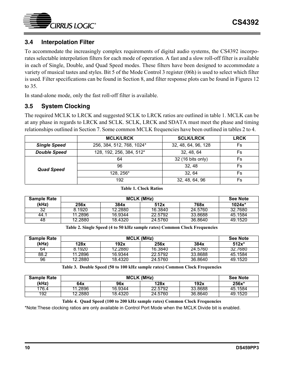 4 interpolation filter, 5 system clocking, Table 1. clock ratios | 4 interpolation filter 3.5 system clocking, Cs4392 | Cirrus Logic CS4392 User Manual | Page 10 / 40