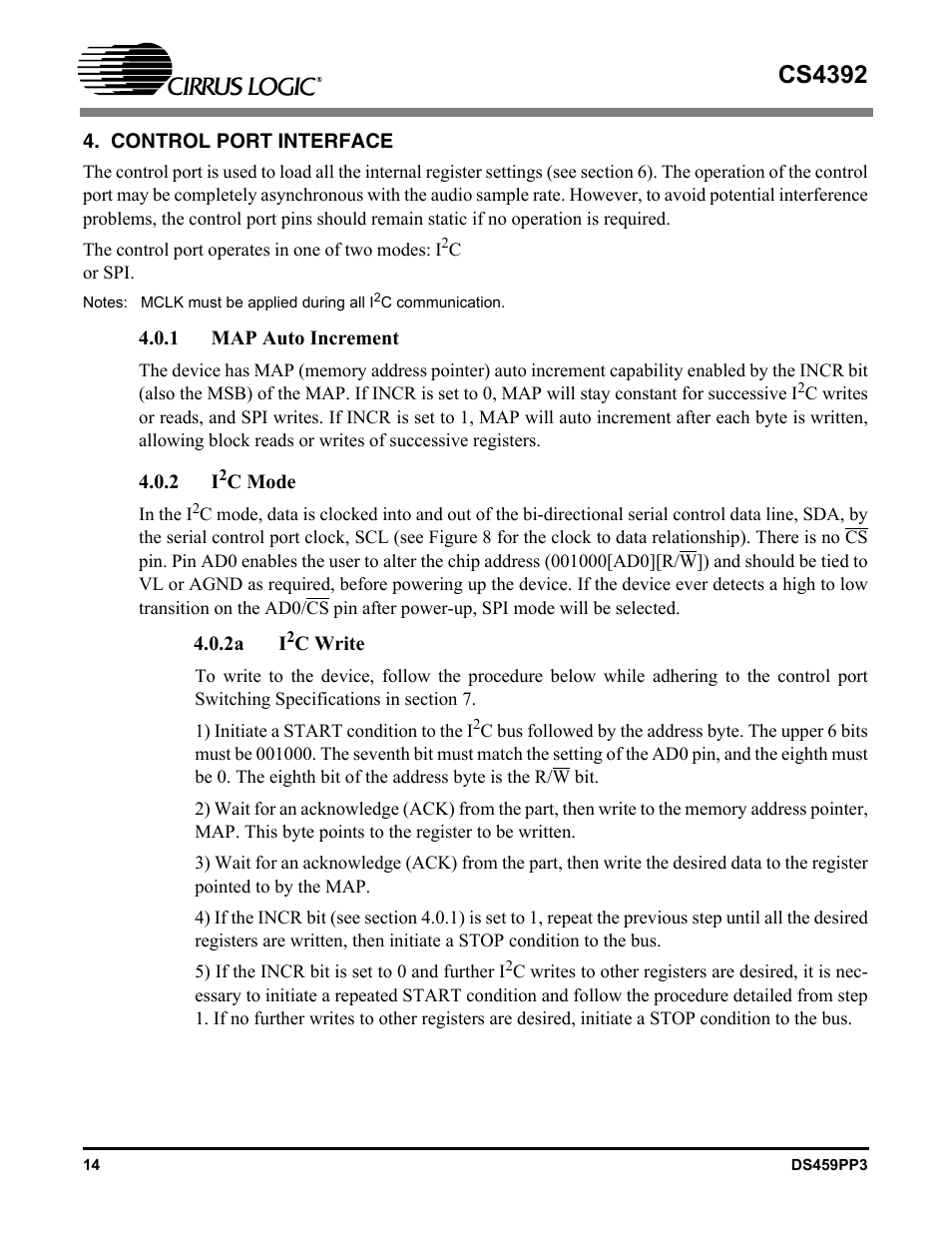 Control port interface, 1 map auto increment, 2 i2c mode | 2a i2c write, 1 map auto increment 4.0.2 i2c mode, I2c write, Cs4392 | Cirrus Logic CS4392 User Manual | Page 14 / 40