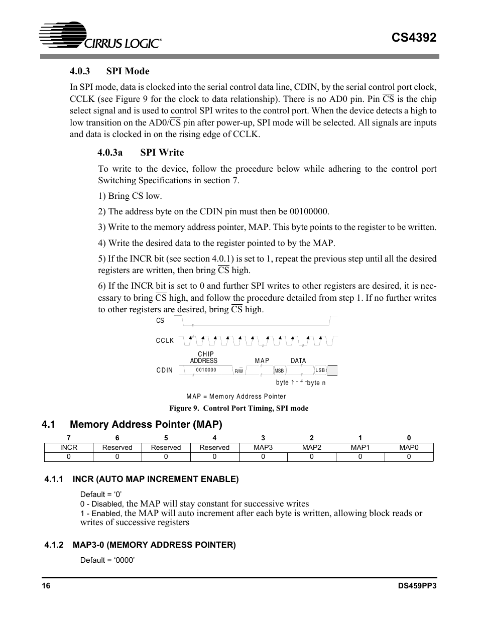 3 spi mode, 3a spi write, Figure 9. control port timing, spi mode | 1 memory address pointer (map), Spi write, Cs4392 | Cirrus Logic CS4392 User Manual | Page 16 / 40
