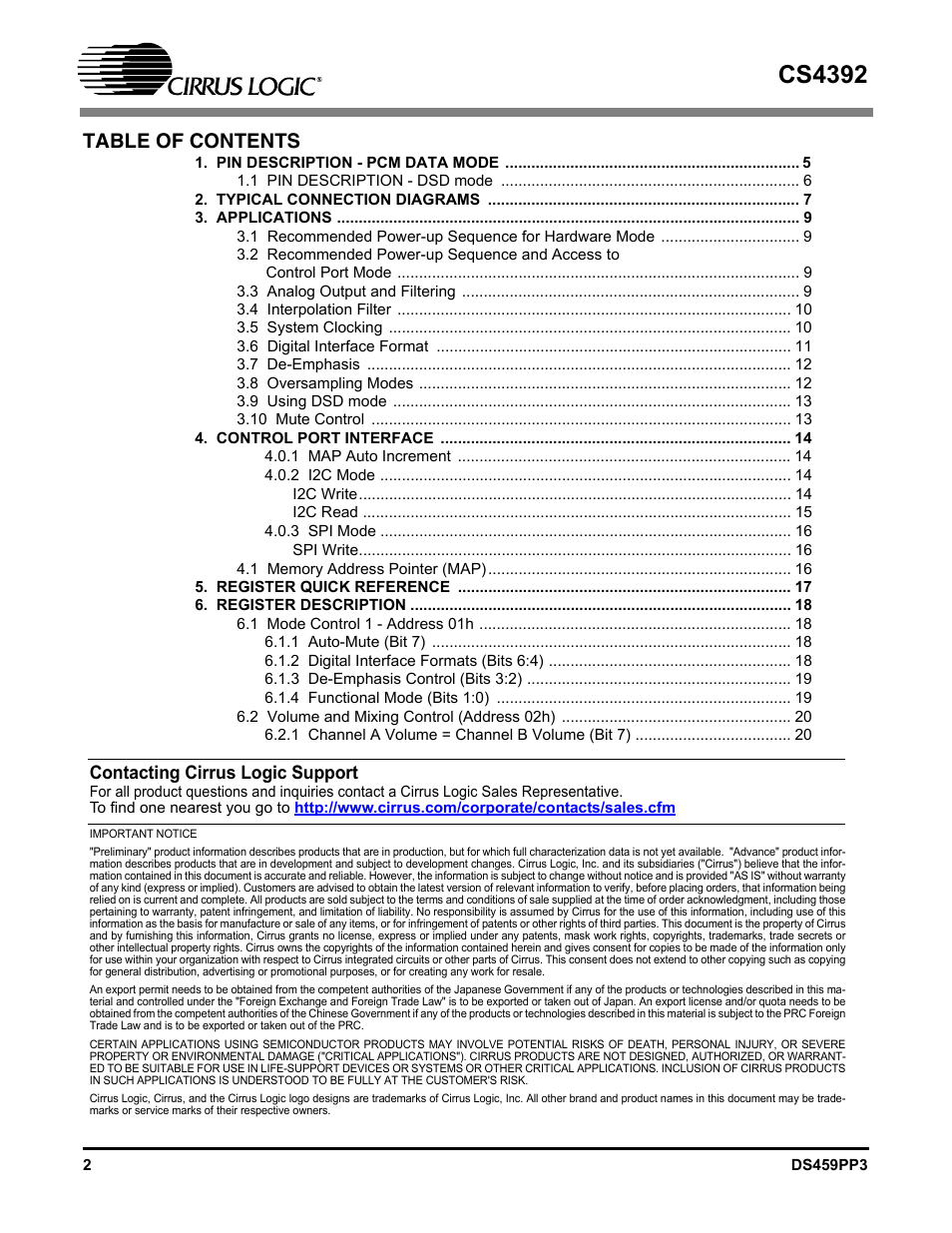 Cirrus Logic CS4392 User Manual | Page 2 / 40