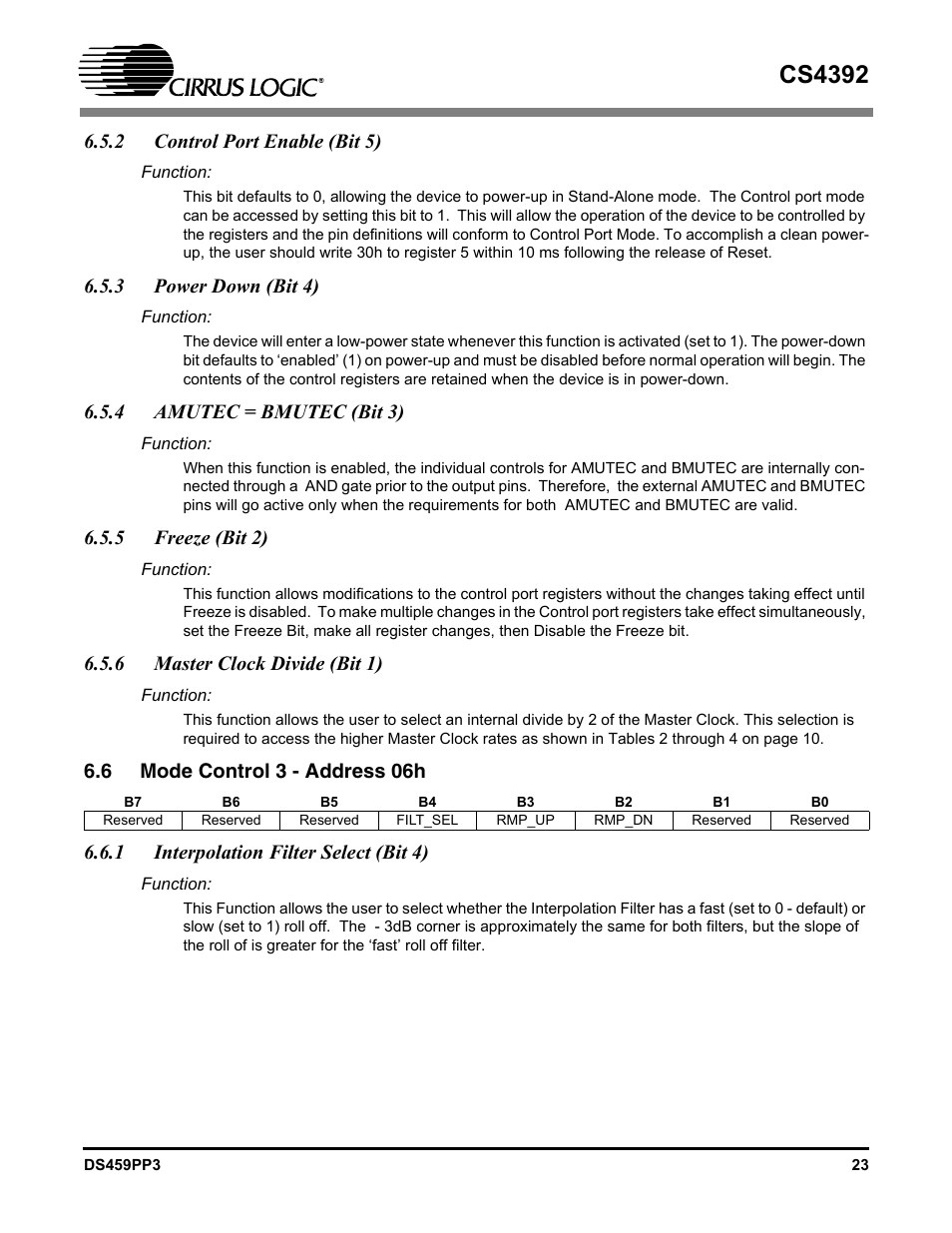 2 control port enable (bit 5), 3 power down (bit 4), 4 amutec = bmutec (bit 3) | 5 freeze (bit 2), 6 master clock divide (bit 1), 6 mode control 3 - address 06h, 1 interpolation filter select (bit 4), Cs4392 | Cirrus Logic CS4392 User Manual | Page 23 / 40