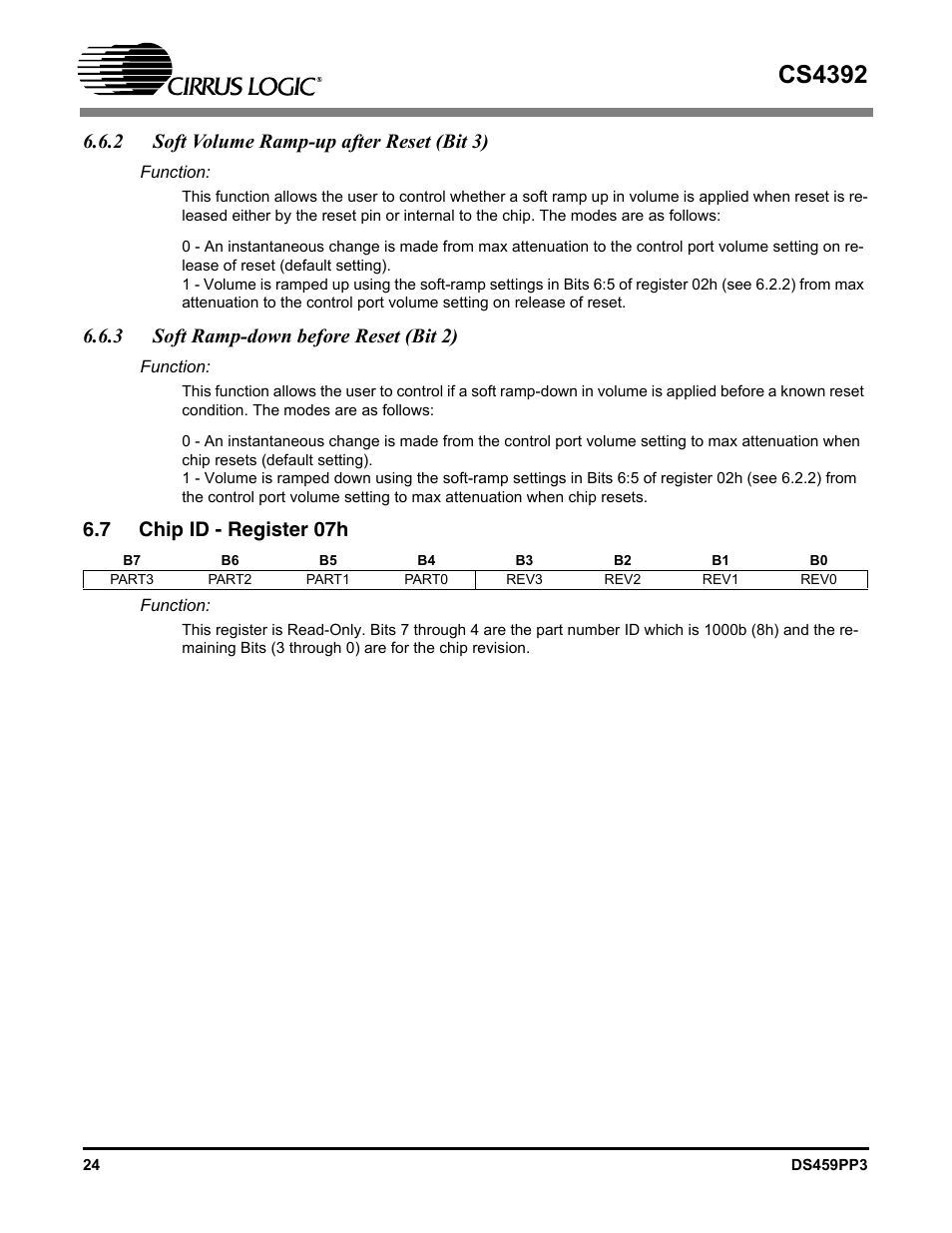 2 soft volume ramp-up after reset (bit 3), 3 soft ramp-down before reset (bit 2), 7 chip id - register 07h | Cs4392 | Cirrus Logic CS4392 User Manual | Page 24 / 40