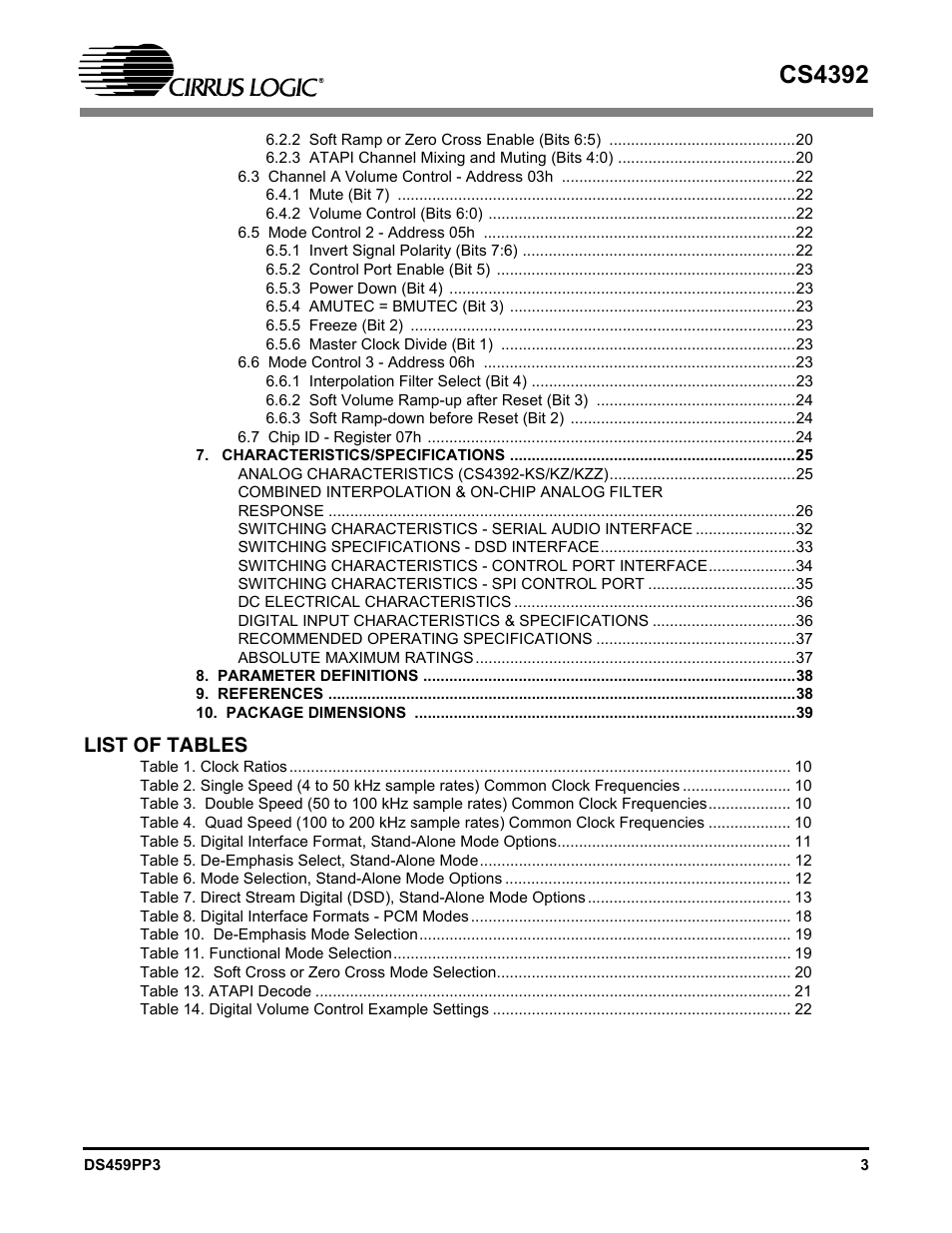 Cs4392, List of tables | Cirrus Logic CS4392 User Manual | Page 3 / 40