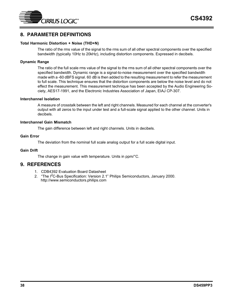 Parameter definitions, References, Parameter definitions 9. references | 8, and filter response plots, Cs4392 | Cirrus Logic CS4392 User Manual | Page 38 / 40