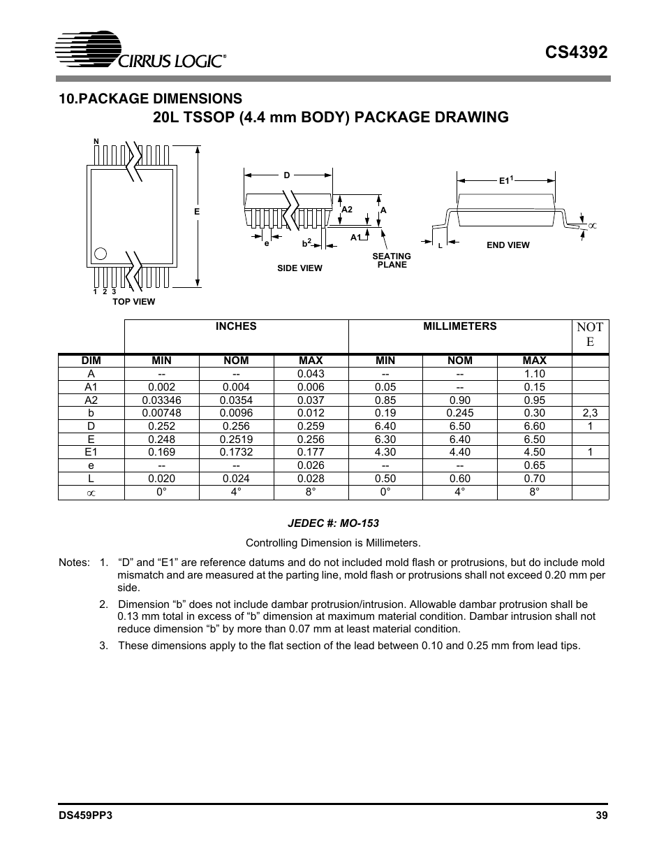 Package dimensions, Cs4392, 20l tssop (4.4 mm body) package drawing | Cirrus Logic CS4392 User Manual | Page 39 / 40