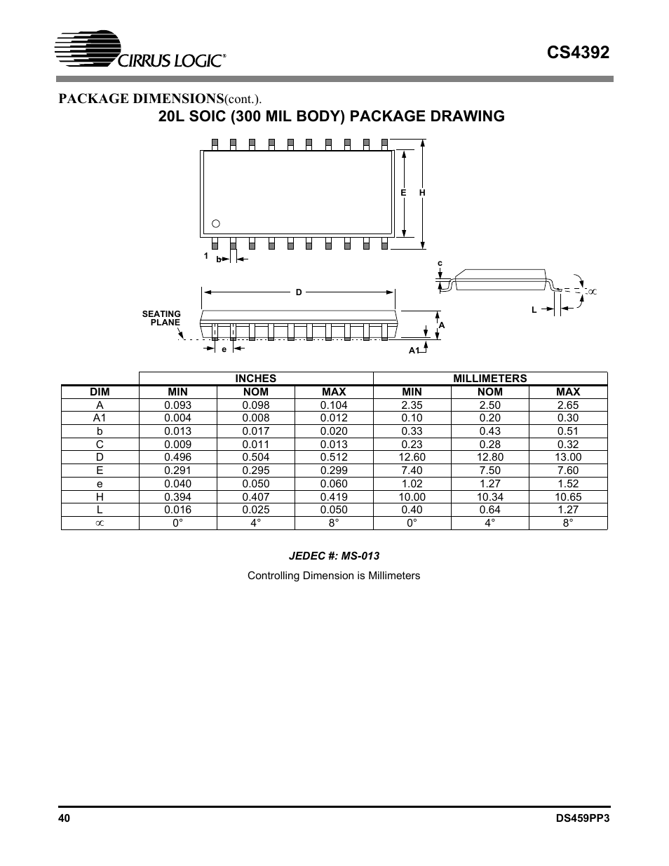 Cs4392, Package dimensions | Cirrus Logic CS4392 User Manual | Page 40 / 40