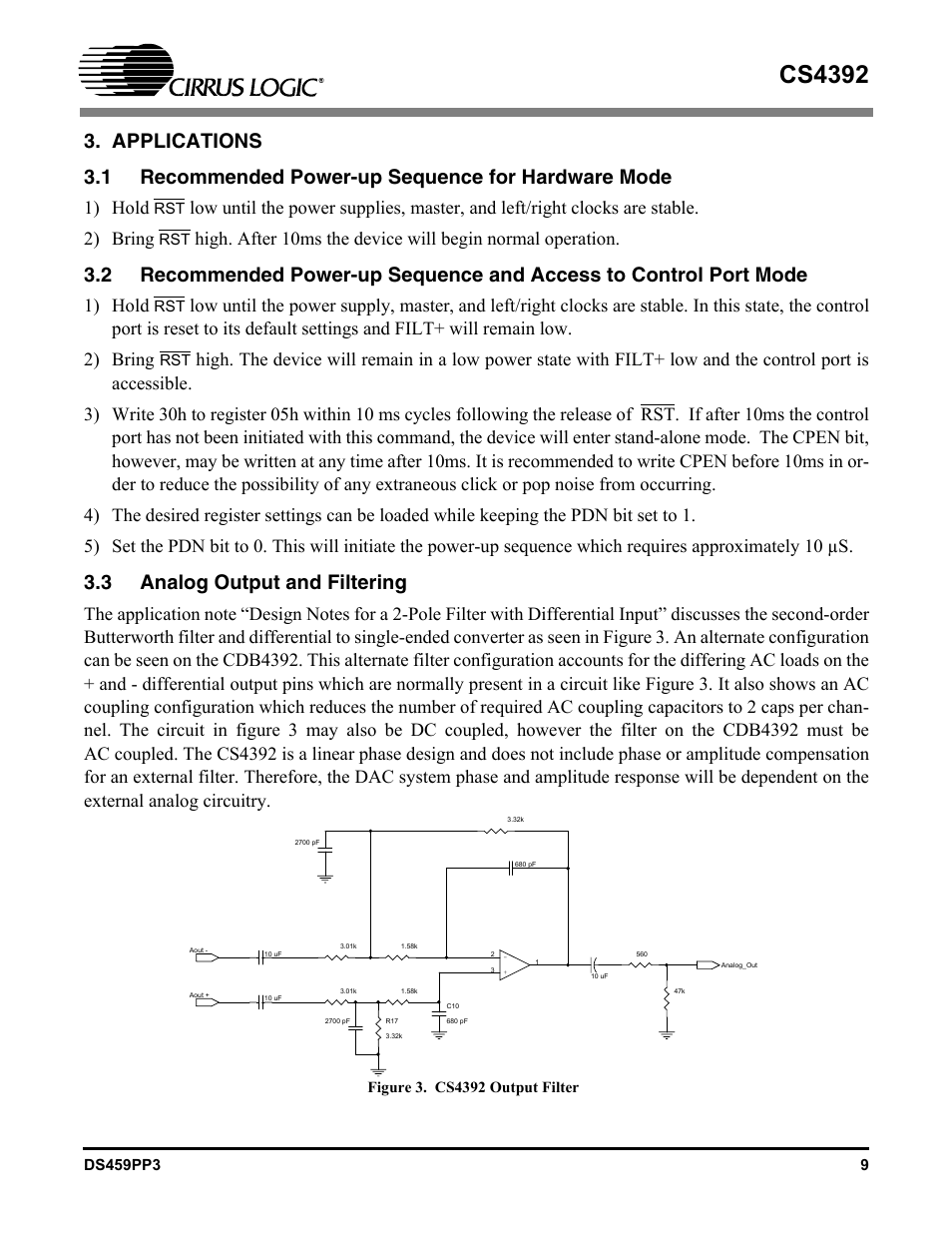 Applications, 1 recommended power-up sequence for hardware mode, 3 analog output and filtering | Figure 3. cs4392 output filter, Control port mode, Cs4392, 1) hold | Cirrus Logic CS4392 User Manual | Page 9 / 40